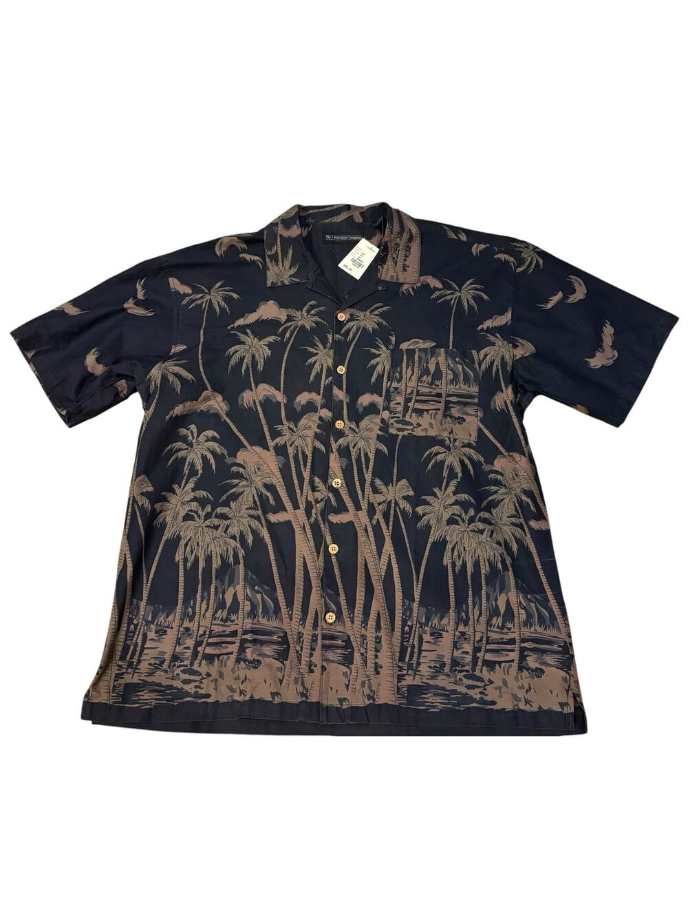 Vintage J. Peterman Camp Shirt XXL NWT Black Brown Tropical Scenic Print Cotton